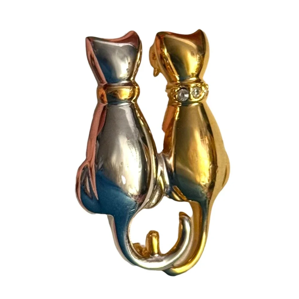 Anne Klein AK Two-Tone Cat Brooch Gold & Silver Tone‎ Rhinestone Collar Signed